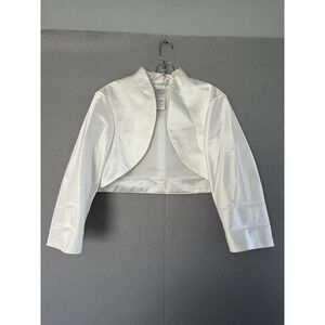 David's Bridal Jacket Womens Large White Satin Bolero Open Front 3/4 Sleeve